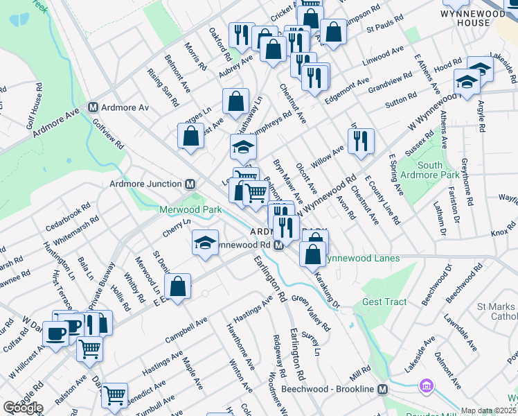 map of restaurants, bars, coffee shops, grocery stores, and more near 2516 Rosemont Avenue in Ardmore