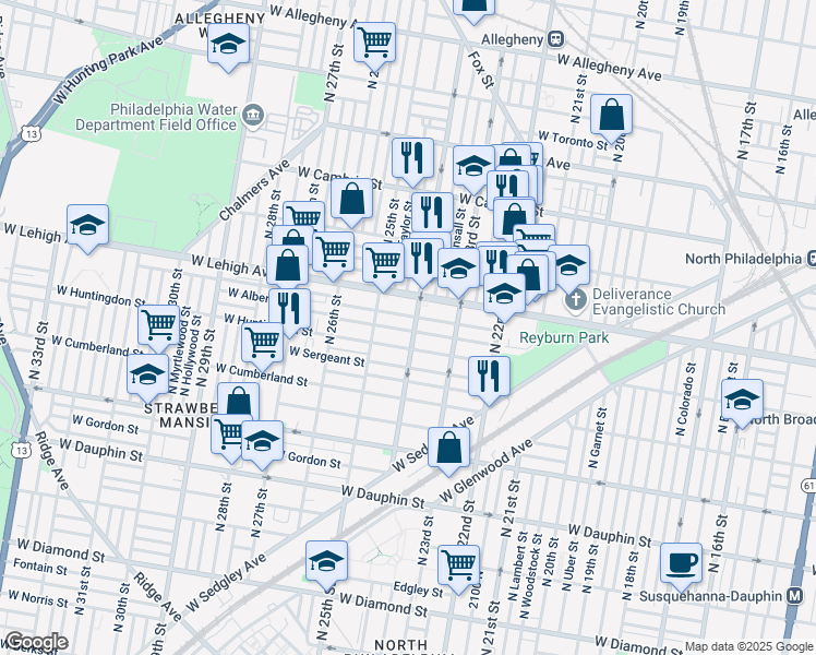 map of restaurants, bars, coffee shops, grocery stores, and more near 2407 West Harold Street in Philadelphia