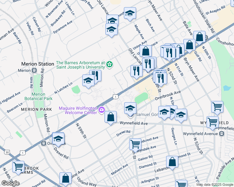map of restaurants, bars, coffee shops, grocery stores, and more near 5600 City Avenue in Philadelphia