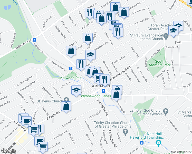 map of restaurants, bars, coffee shops, grocery stores, and more near 2516 Rosemont Avenue in Ardmore