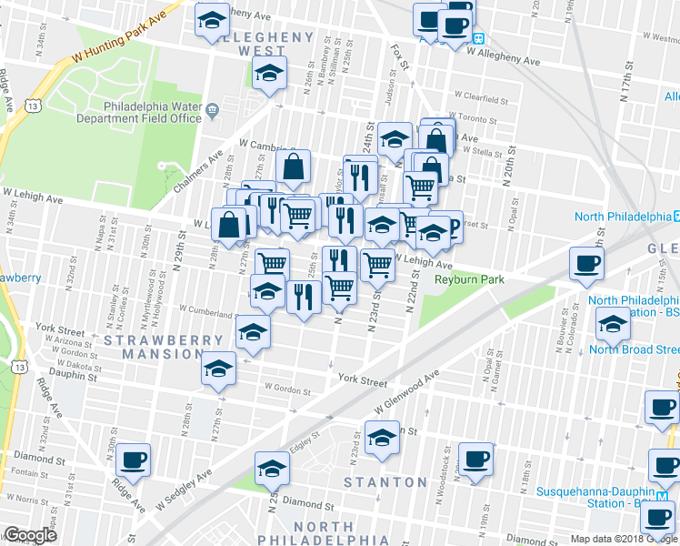 map of restaurants, bars, coffee shops, grocery stores, and more near 2407 West Harold Street in Philadelphia
