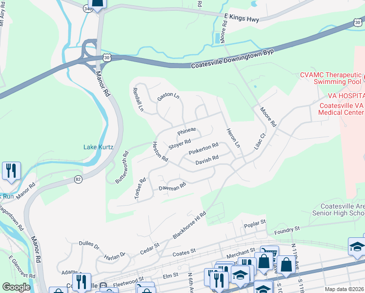 map of restaurants, bars, coffee shops, grocery stores, and more near 112 Pinkerton Road in Coatesville