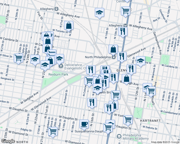map of restaurants, bars, coffee shops, grocery stores, and more near 1630 West Lehigh Avenue in Philadelphia