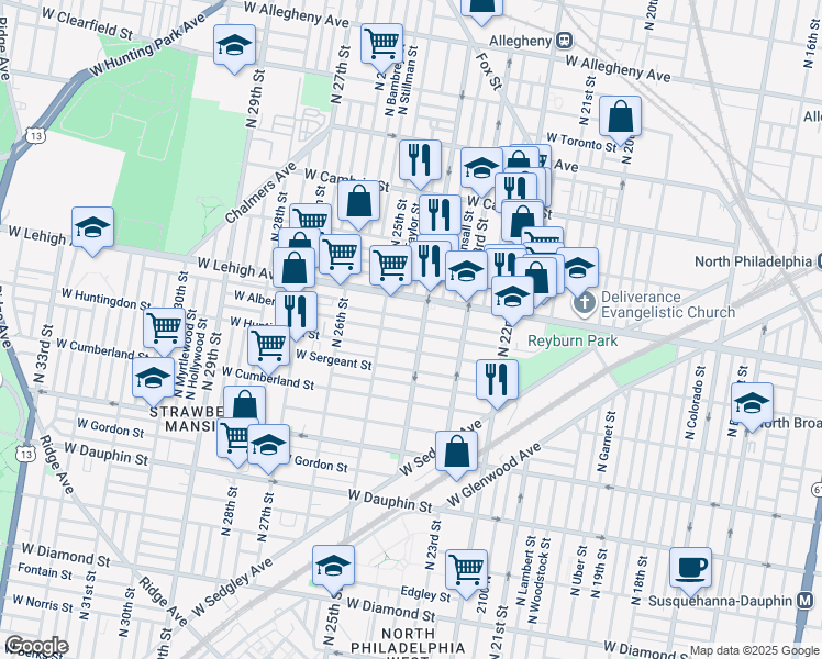 map of restaurants, bars, coffee shops, grocery stores, and more near 2413 West Harold Street in Philadelphia