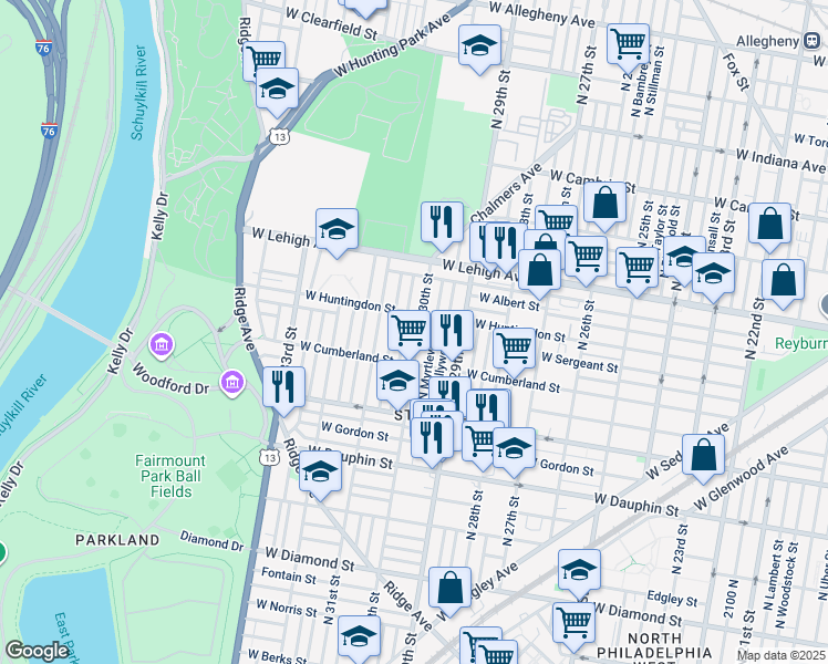 map of restaurants, bars, coffee shops, grocery stores, and more near 2542 North 30th Street in Philadelphia