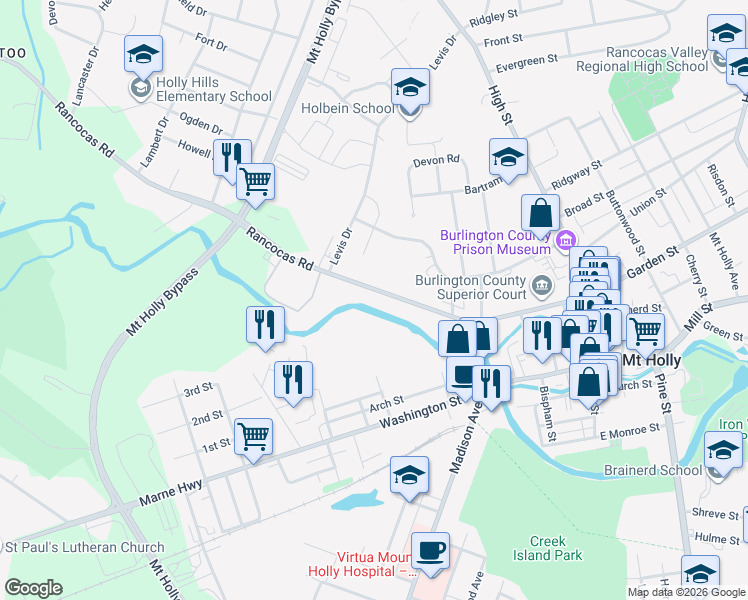 map of restaurants, bars, coffee shops, grocery stores, and more near 212-1/2 Rancocas Road in Mount Holly