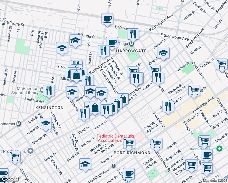 map of restaurants, bars, coffee shops, grocery stores, and more near 2000 East Westmoreland Street in Philadelphia