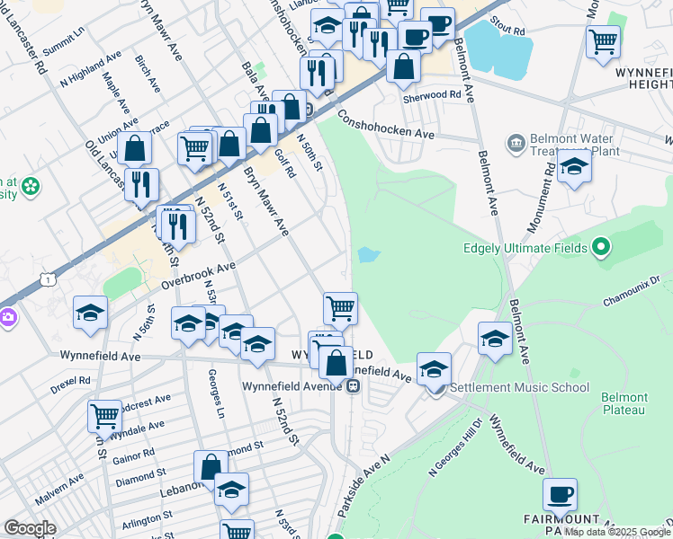map of restaurants, bars, coffee shops, grocery stores, and more near 5000 Woodbine Avenue in Philadelphia