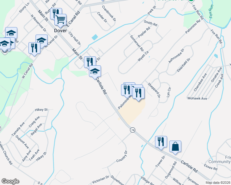 map of restaurants, bars, coffee shops, grocery stores, and more near 2171 Palomino Road in Dover