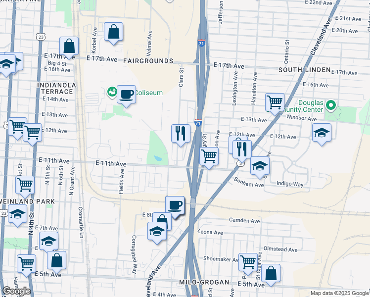 map of restaurants, bars, coffee shops, grocery stores, and more near 750 East 11th Avenue in Columbus