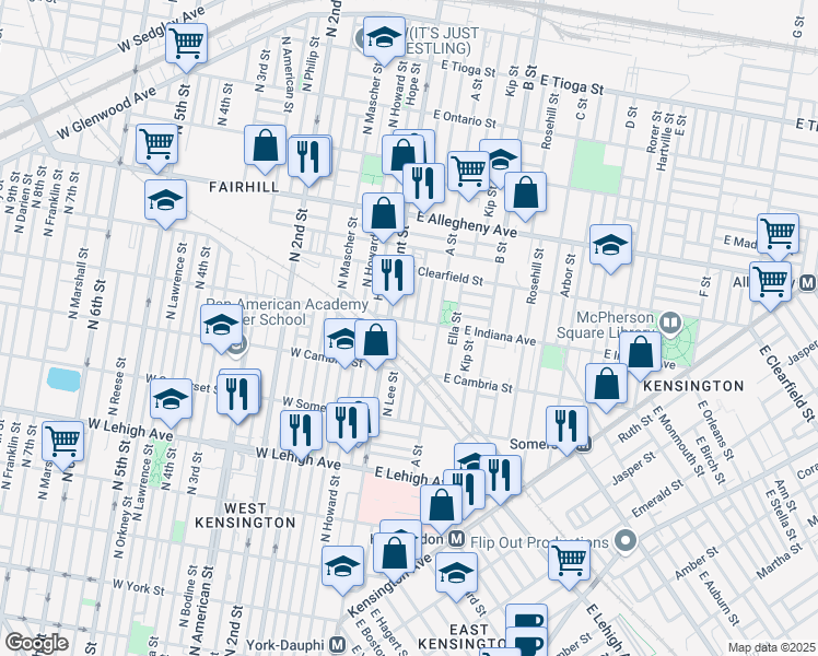 map of restaurants, bars, coffee shops, grocery stores, and more near 118-60 East Indiana Avenue in Philadelphia