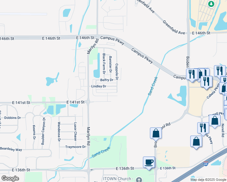 map of restaurants, bars, coffee shops, grocery stores, and more near 12238 Maize Drive in Noblesville