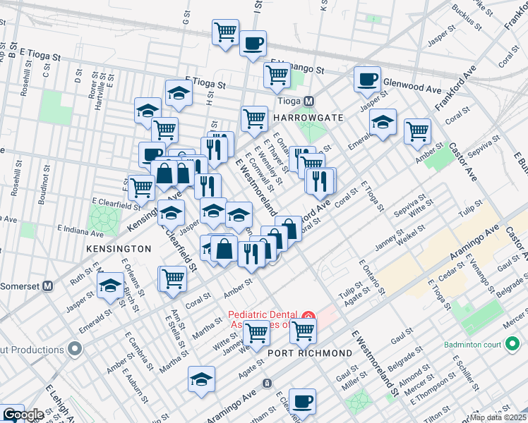 map of restaurants, bars, coffee shops, grocery stores, and more near 2024 East Willard Street in Philadelphia