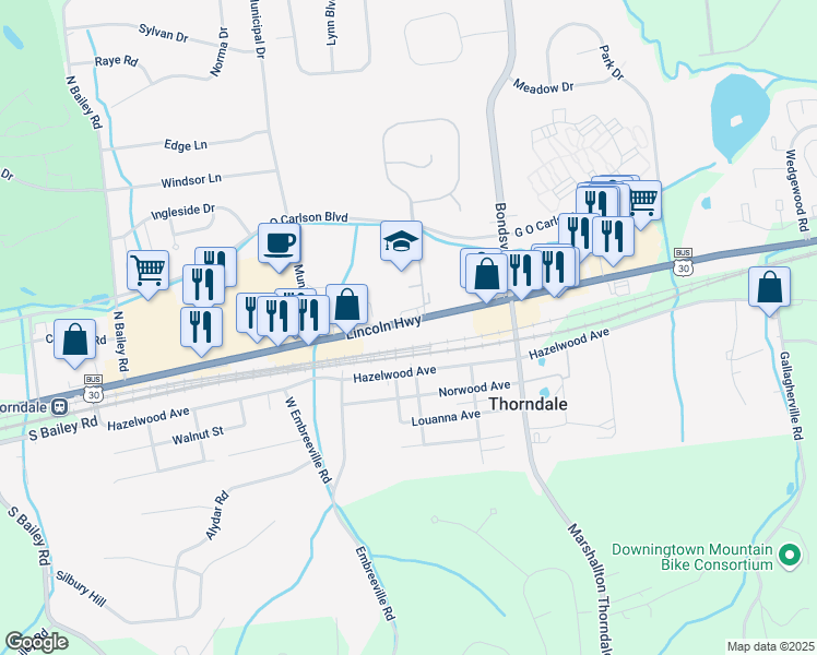 map of restaurants, bars, coffee shops, grocery stores, and more near 3542 Lincoln Highway in Thorndale