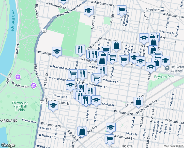 map of restaurants, bars, coffee shops, grocery stores, and more near 2824 West Huntingdon Street in Philadelphia