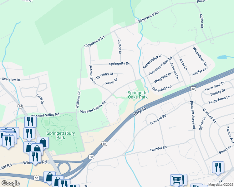map of restaurants, bars, coffee shops, grocery stores, and more near 3606 Pleasant Valley Road in York