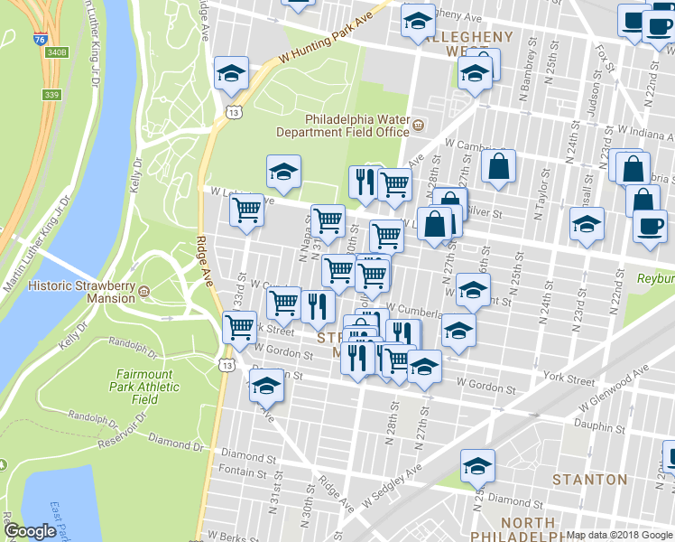 map of restaurants, bars, coffee shops, grocery stores, and more near 2545 North Corlies Street in Philadelphia