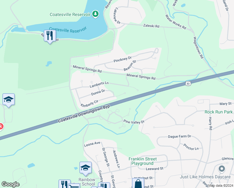map of restaurants, bars, coffee shops, grocery stores, and more near 44 Kimberly Circle in Coatesville
