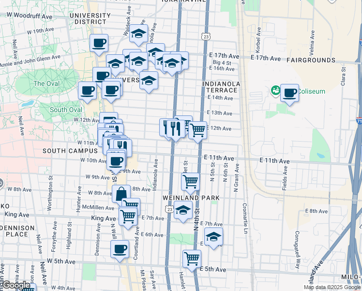 map of restaurants, bars, coffee shops, grocery stores, and more near 233 Chittenden Avenue in Columbus