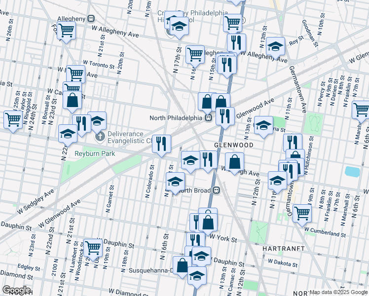 map of restaurants, bars, coffee shops, grocery stores, and more near 1547 West Seltzer Street in Philadelphia