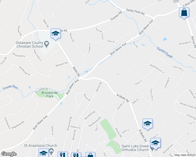 map of restaurants, bars, coffee shops, grocery stores, and more near 360 Malin Road in Delaware County