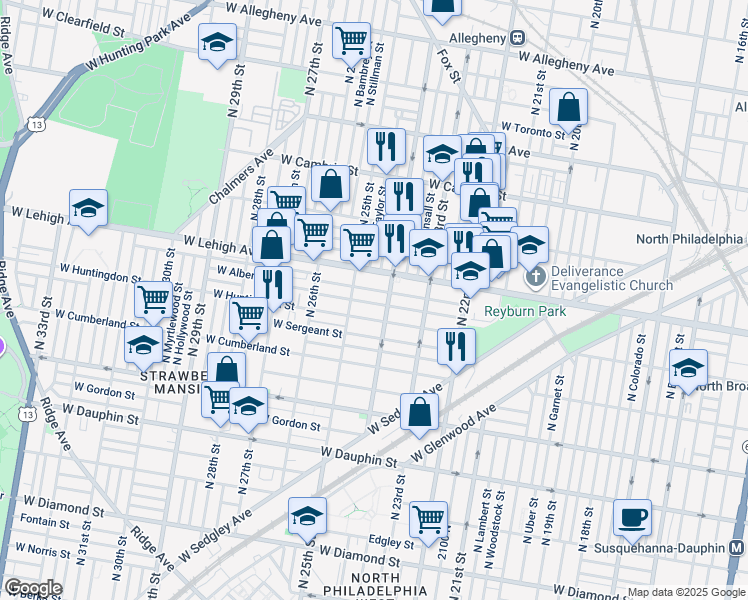 map of restaurants, bars, coffee shops, grocery stores, and more near 2421 West Harold Street in Philadelphia