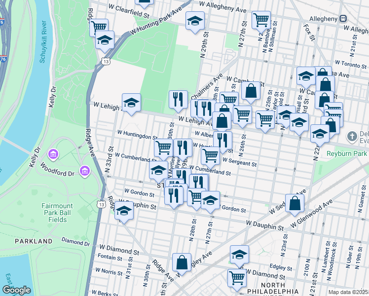 map of restaurants, bars, coffee shops, grocery stores, and more near 2552 North 29th Street in Philadelphia