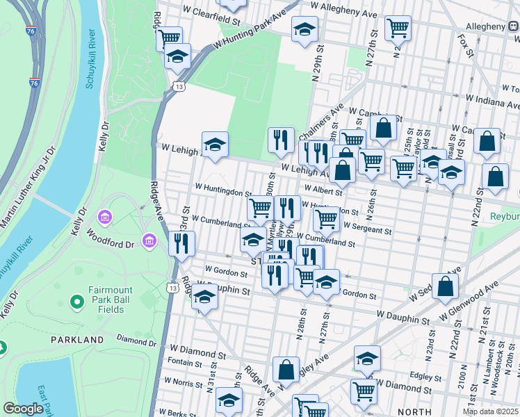 map of restaurants, bars, coffee shops, grocery stores, and more near 2545 North Corlies Street in Philadelphia