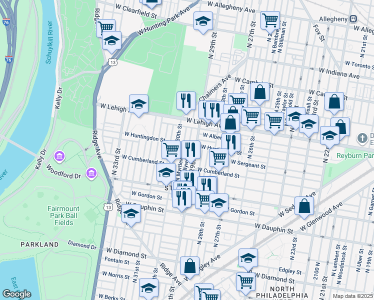 map of restaurants, bars, coffee shops, grocery stores, and more near 2554 North Hollywood Street in Philadelphia