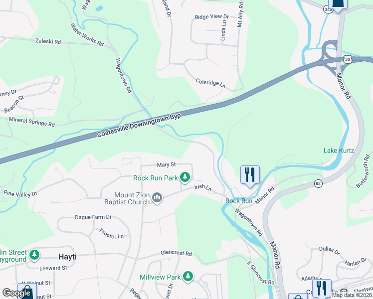 map of restaurants, bars, coffee shops, grocery stores, and more near 83 Mary Street in Coatesville