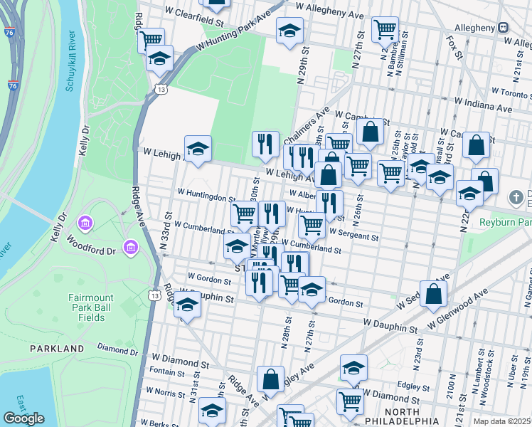 map of restaurants, bars, coffee shops, grocery stores, and more near 2554 North Hollywood Street in Philadelphia