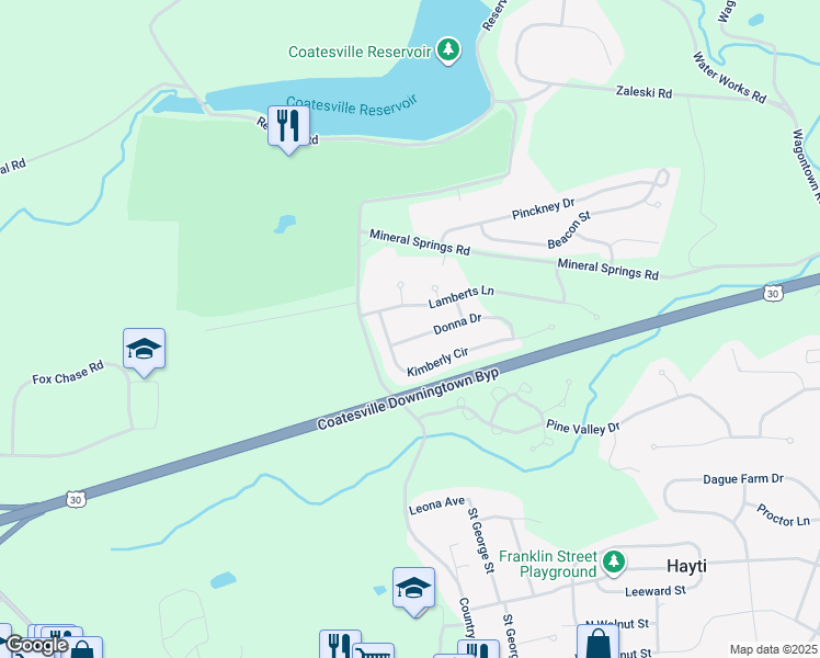 map of restaurants, bars, coffee shops, grocery stores, and more near 4 Donna Drive in Coatesville