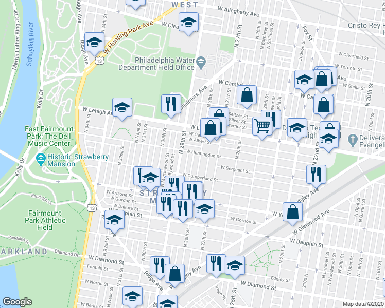 map of restaurants, bars, coffee shops, grocery stores, and more near 2828 West Huntingdon Street in Philadelphia