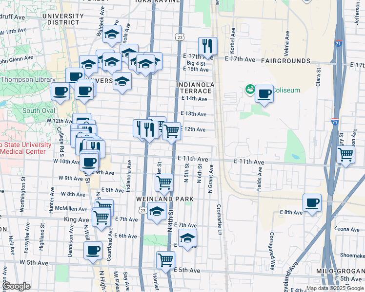 map of restaurants, bars, coffee shops, grocery stores, and more near 323 Chittenden Avenue in Columbus