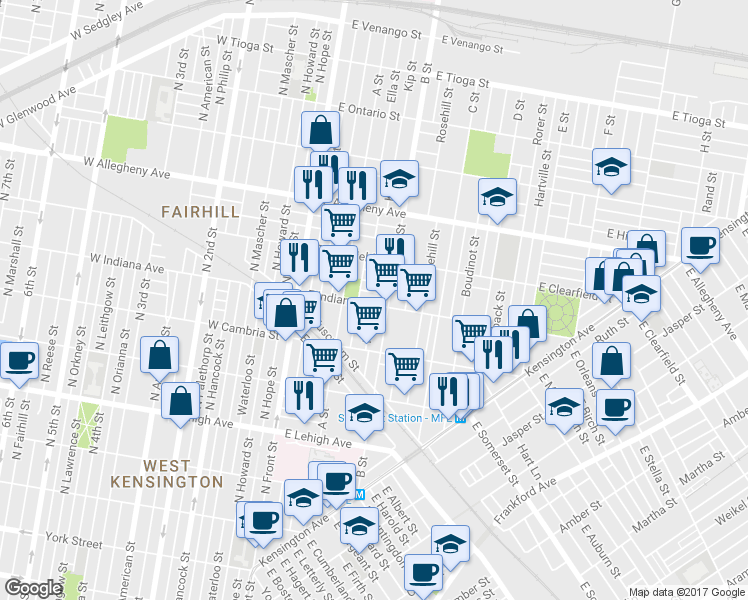 map of restaurants, bars, coffee shops, grocery stores, and more near 243 East Indiana Avenue in Philadelphia