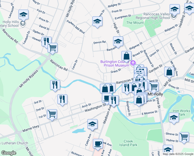 map of restaurants, bars, coffee shops, grocery stores, and more near 161 Rancocas Road in Mount Holly