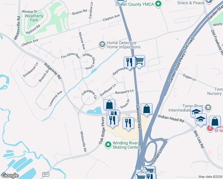 map of restaurants, bars, coffee shops, grocery stores, and more near 106 Rolling Hills Court in Toms River
