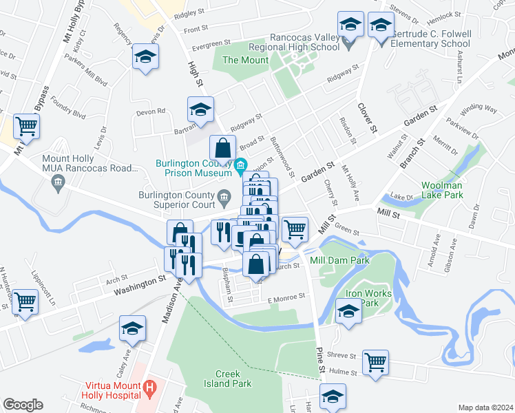 map of restaurants, bars, coffee shops, grocery stores, and more near 4 Commerce Street in Mount Holly