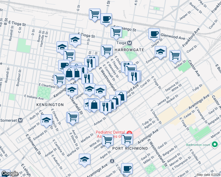 map of restaurants, bars, coffee shops, grocery stores, and more near 2024 East Willard Street in Philadelphia