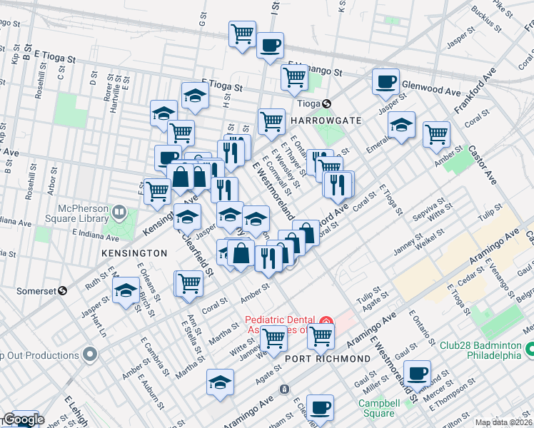 map of restaurants, bars, coffee shops, grocery stores, and more near 2026 East Willard Street in Philadelphia
