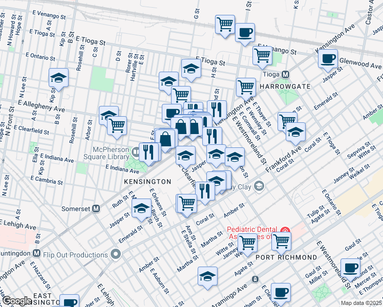 map of restaurants, bars, coffee shops, grocery stores, and more near 1860 East Clementine Street in Philadelphia