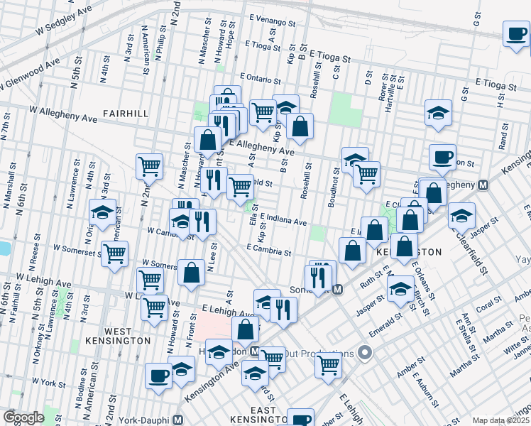 map of restaurants, bars, coffee shops, grocery stores, and more near 243 East Indiana Avenue in Philadelphia