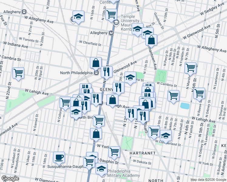 map of restaurants, bars, coffee shops, grocery stores, and more near 2727 North Park Avenue in Philadelphia