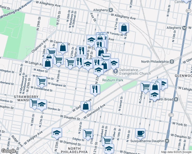 map of restaurants, bars, coffee shops, grocery stores, and more near 2640 North 22nd Street in Philadelphia