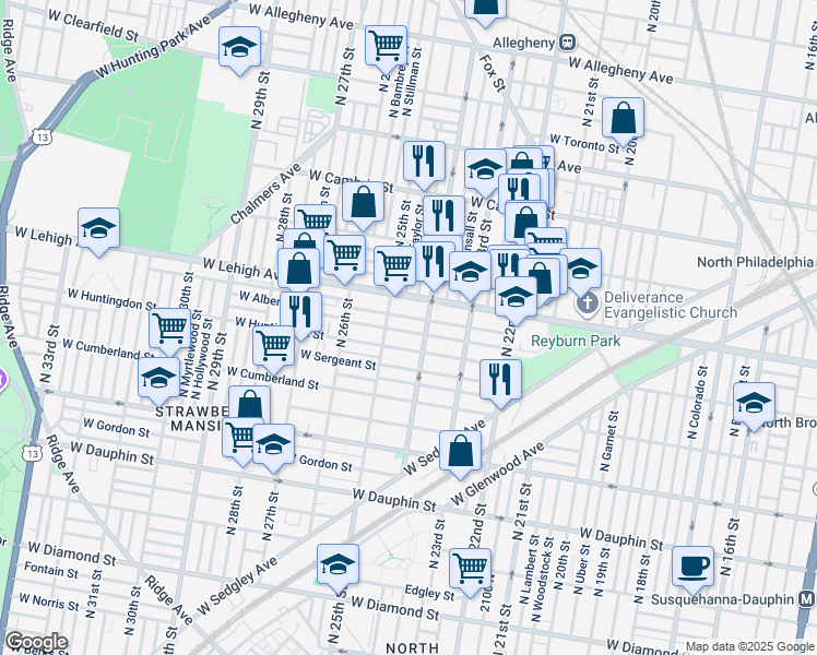 map of restaurants, bars, coffee shops, grocery stores, and more near 2425 West Harold Street in Philadelphia