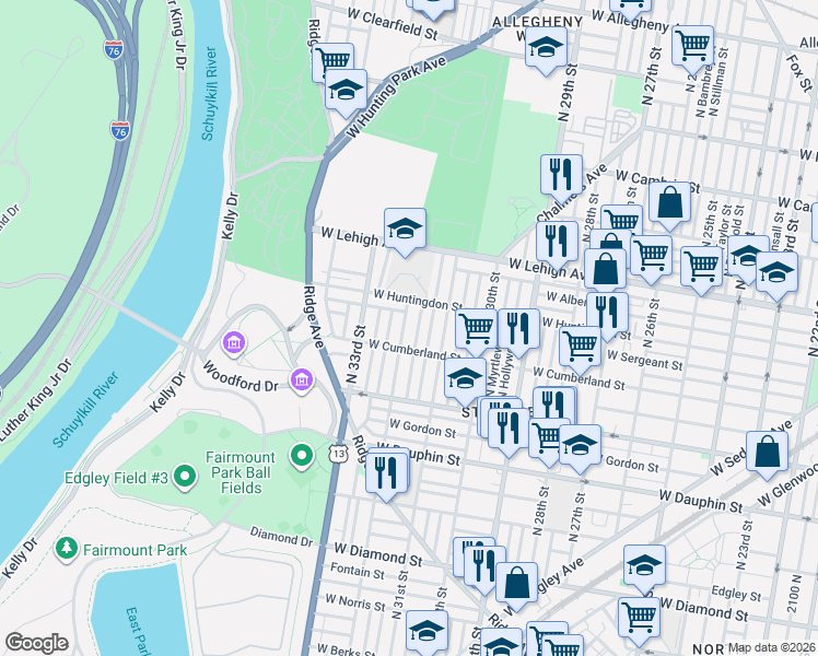 map of restaurants, bars, coffee shops, grocery stores, and more near 3113 West Cumberland Street in Philadelphia