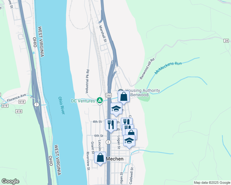map of restaurants, bars, coffee shops, grocery stores, and more near 227 Logan Street in McMechen