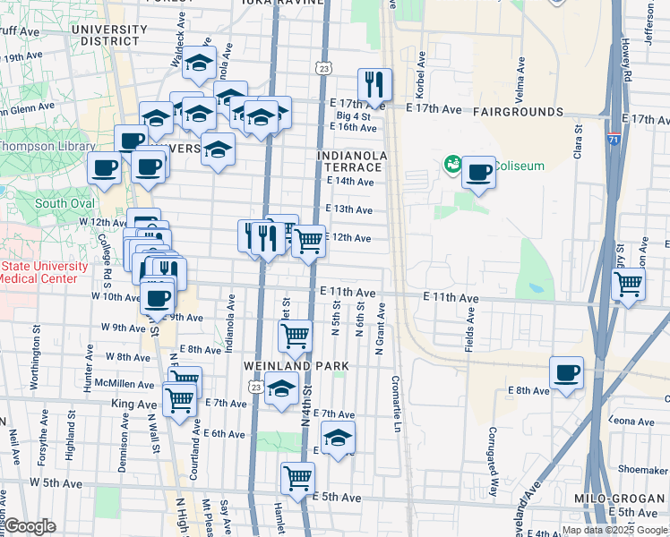 map of restaurants, bars, coffee shops, grocery stores, and more near 330 East 11th Avenue in Columbus
