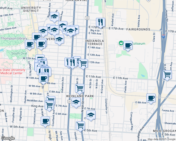 map of restaurants, bars, coffee shops, grocery stores, and more near 330 East 11th Avenue in Columbus