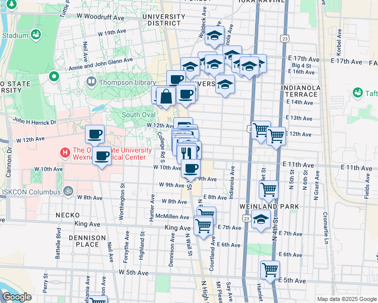 map of restaurants, bars, coffee shops, grocery stores, and more near in Columbus